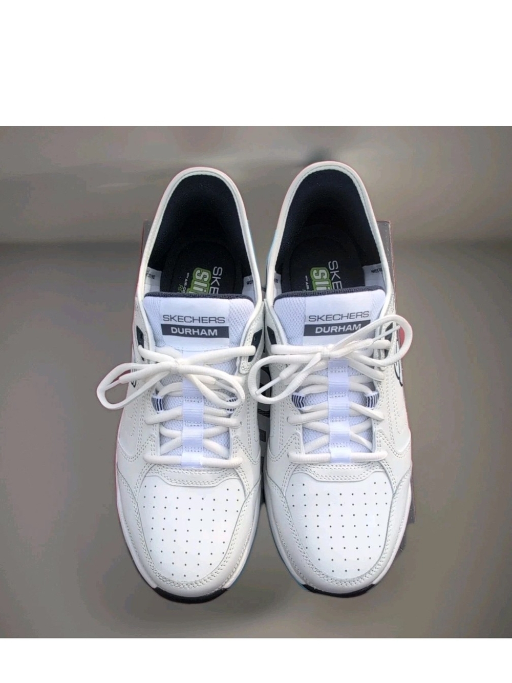 Skechers Sneakers Mens 13 White Blue Durham Delvor Slip Ins Relaxed Dad Shoes - Picture 5 of 14